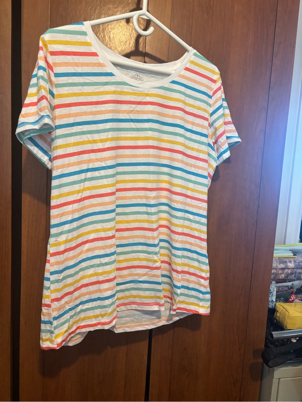 St. John’s Bay White Short Sleeve Tee with Rainbow Stripes
